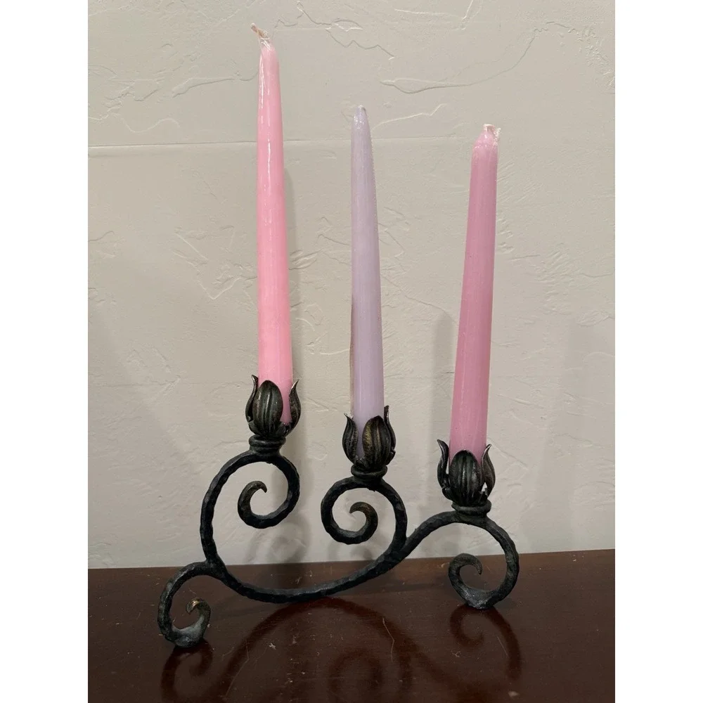 Metal Cast Iron Rose Candleholder  With 3 Flower‎ Buds Vintage